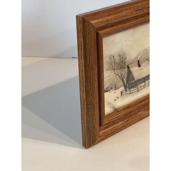 Vintage Oak Wood Frame with Winter Cabin Landscape Print Trees Snow Holiday - Picture 7 of 8
